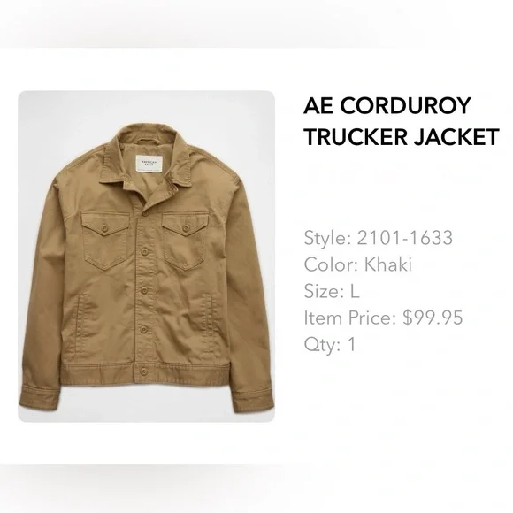 American Eagle Corduroy Cotton Lined Inside Trucker Jacket Khaki Men’s - Picture 10 of 11